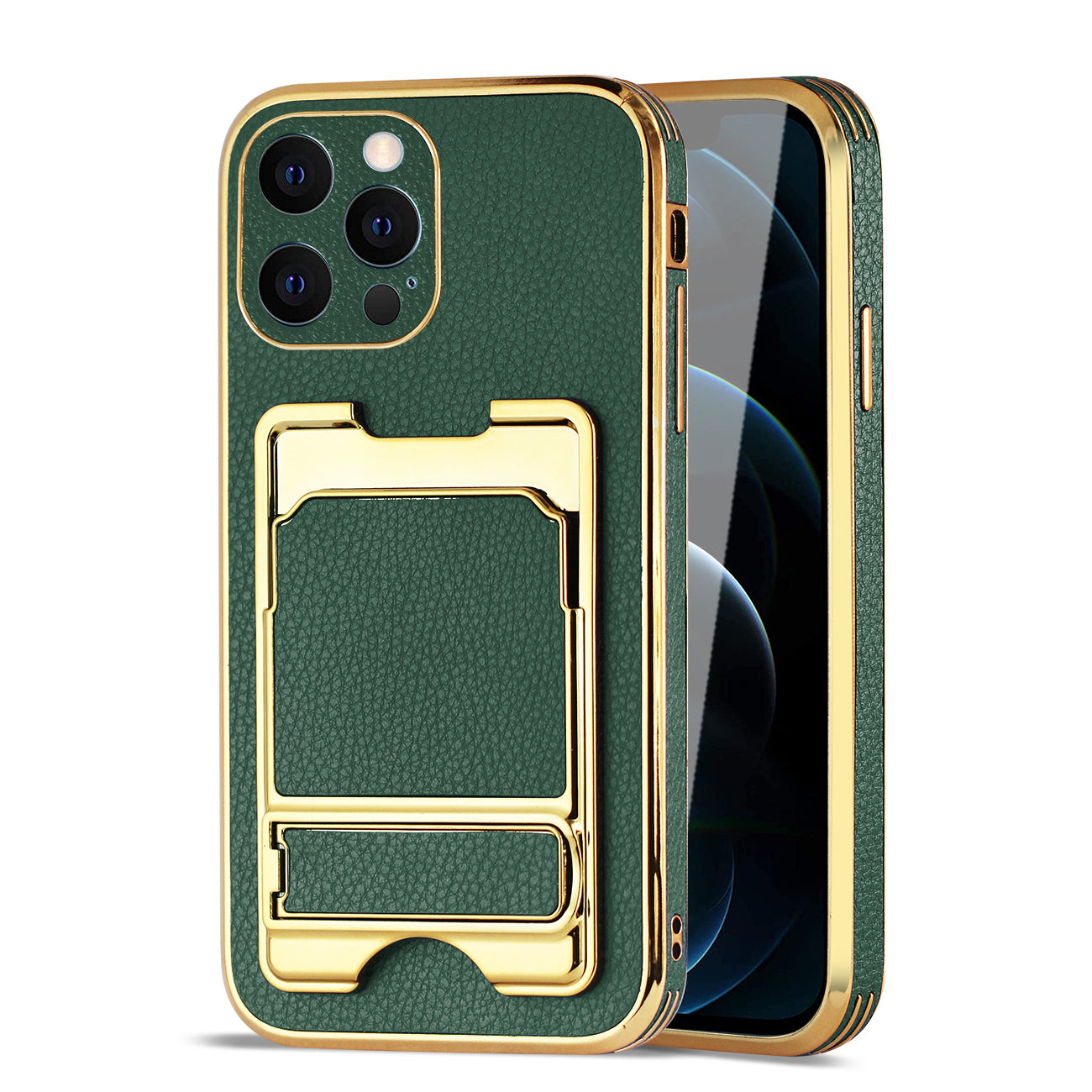 IPHONE 12 Max Leather Case with Card Holder In Green