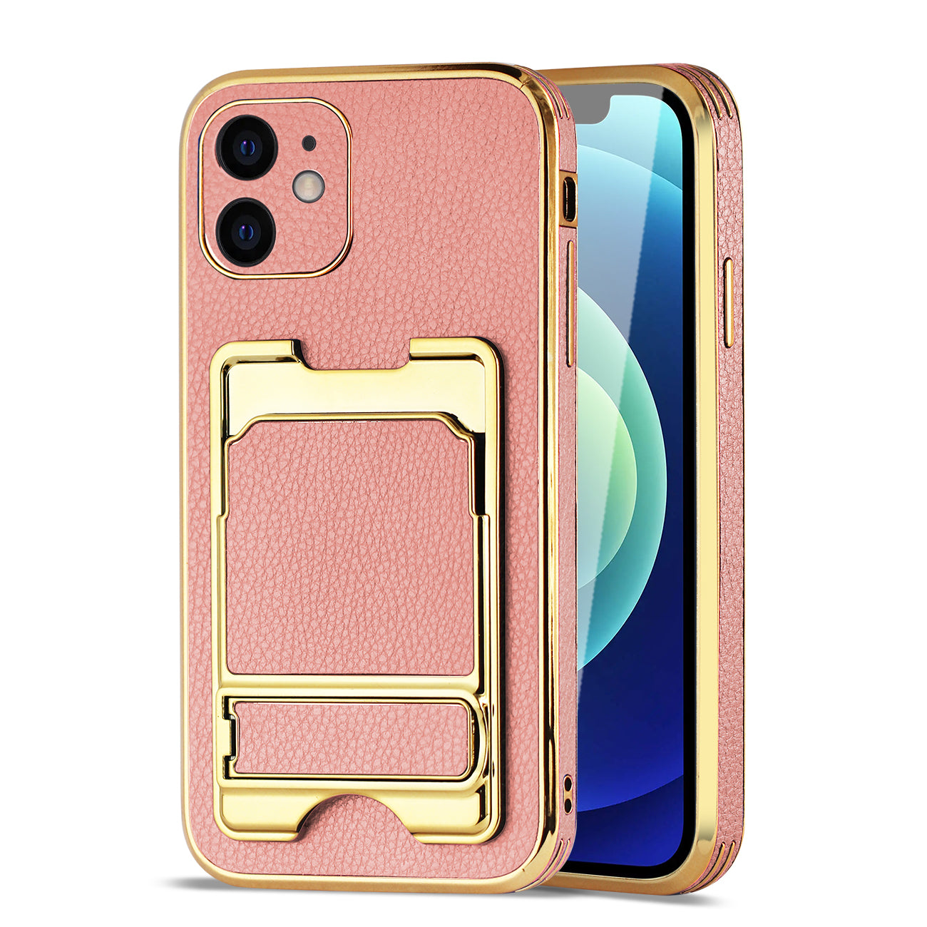 IPHONE 12 Leather Case with Card Holder In Pink