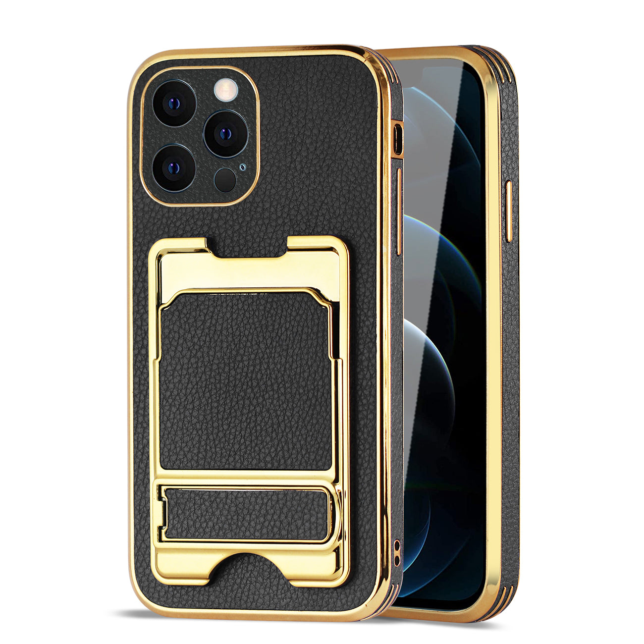 IPHONE 12 Pro Leather Case with Card Holder In Black