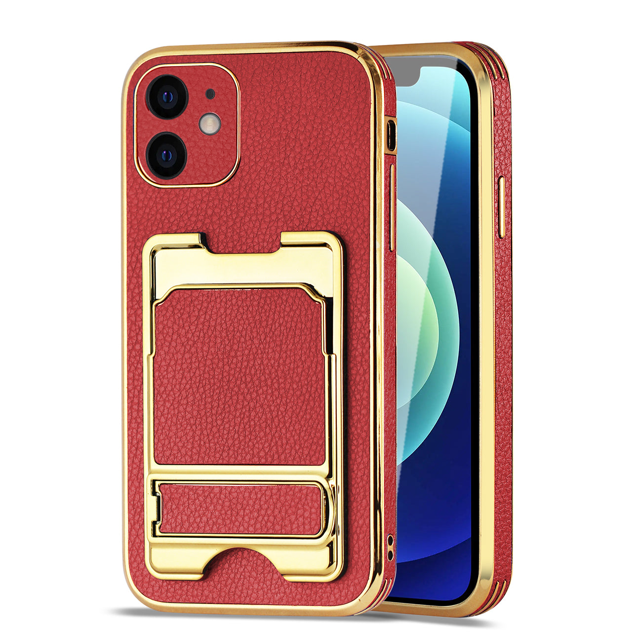 IPHONE 12 Leather Case with Card Holder In Red