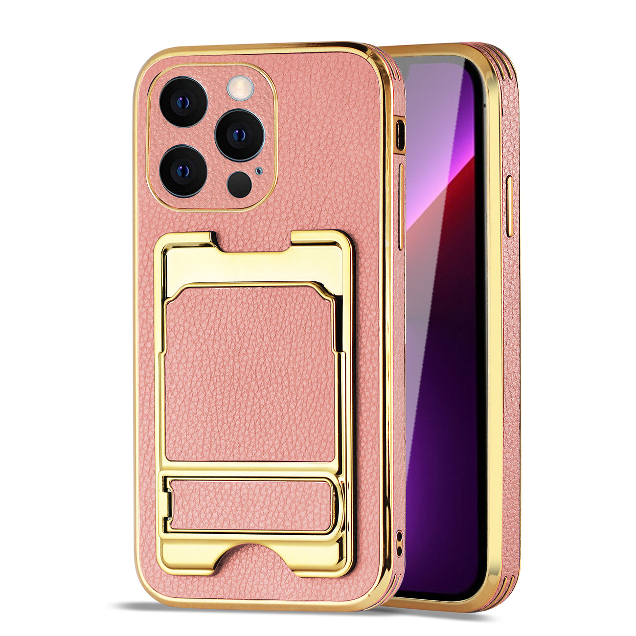 IPHONE 13 Pro Leather Case with Card Holder In Pink