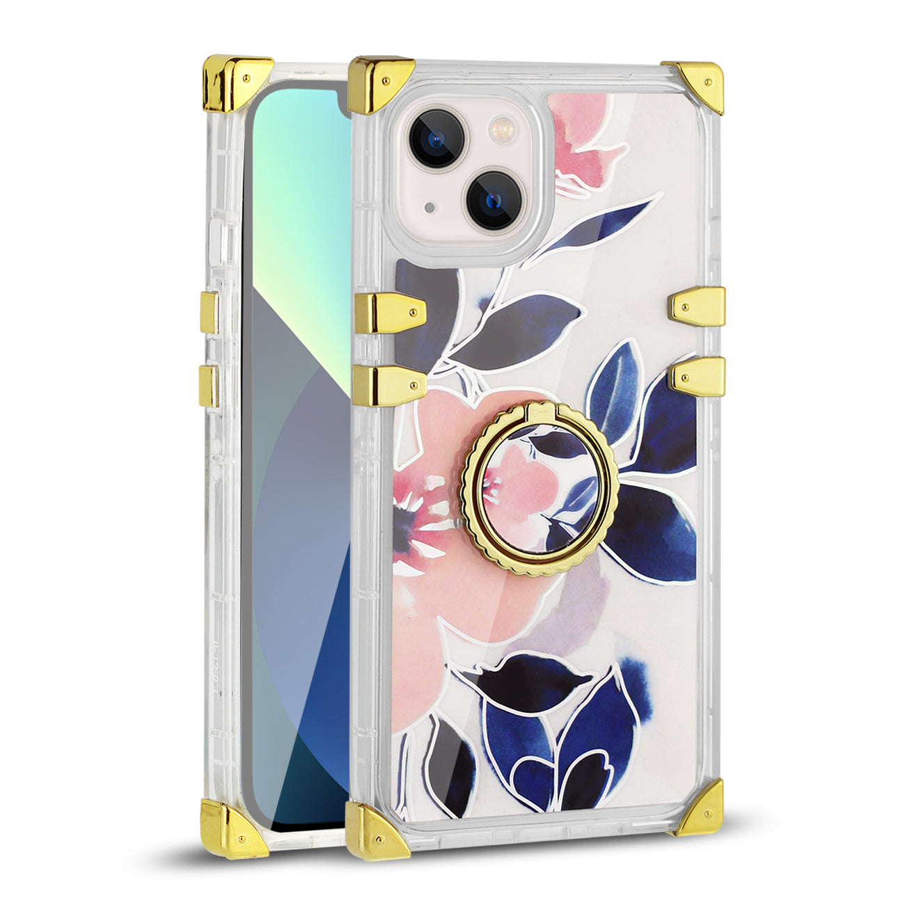 IPHONE 13 Floral Print Case with Ring Holder In Blue