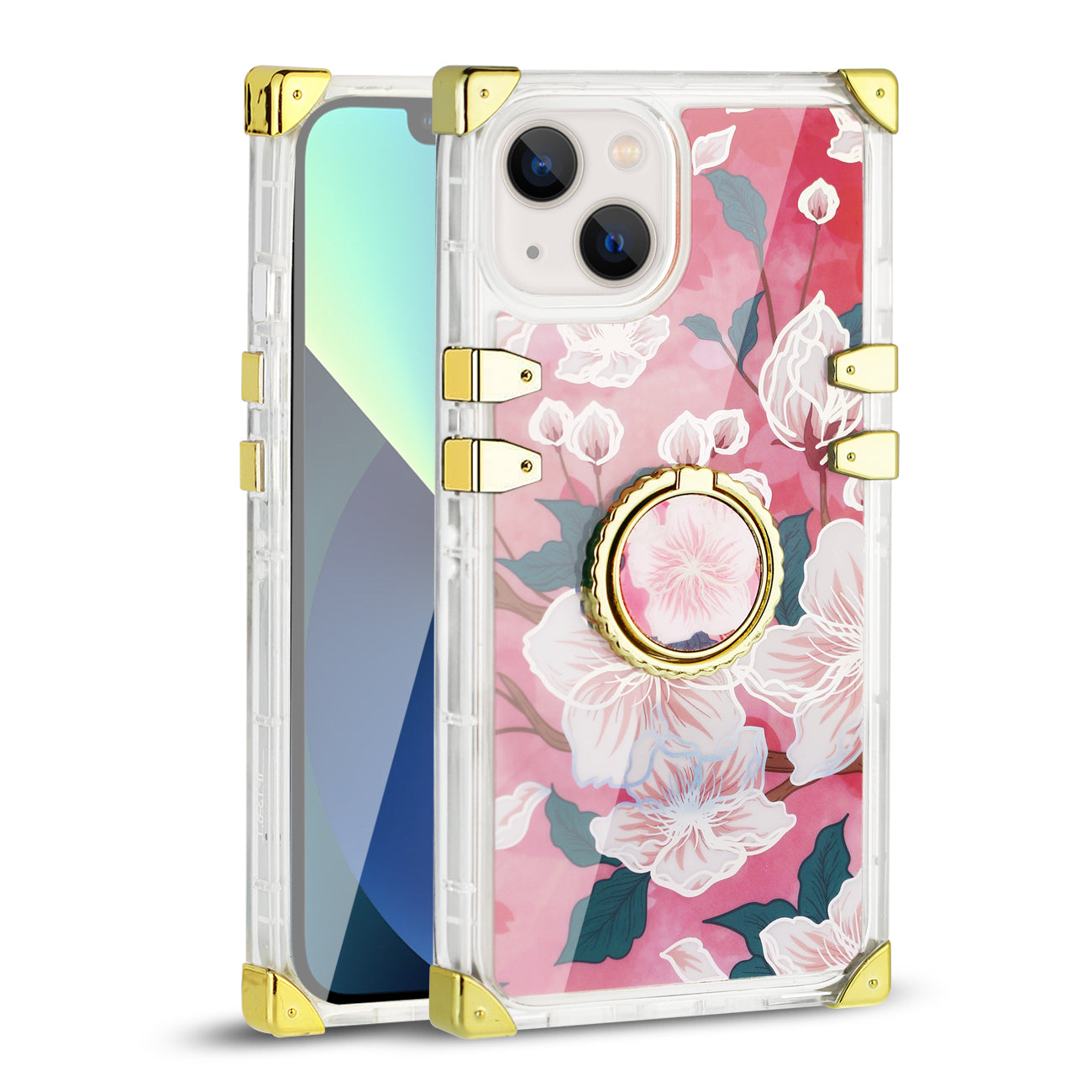 IPHONE 13 Floral Print Case with Ring Holder In Hot Pink