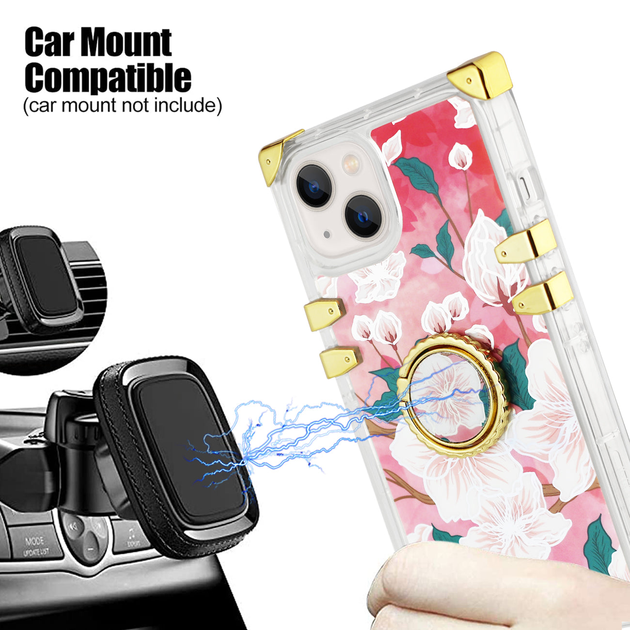 IPHONE 13 Floral Print Case with Ring Holder In Hot Pink