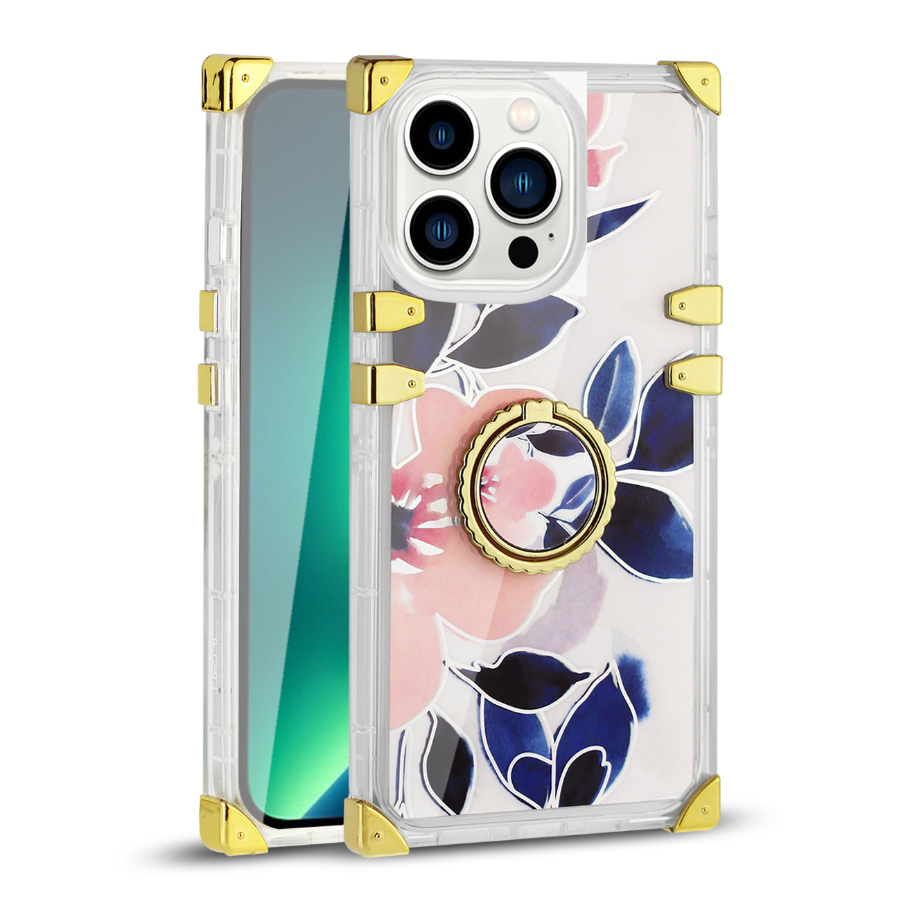 IPHONE 13 Max Floral Print Case with Ring Holder In Blue