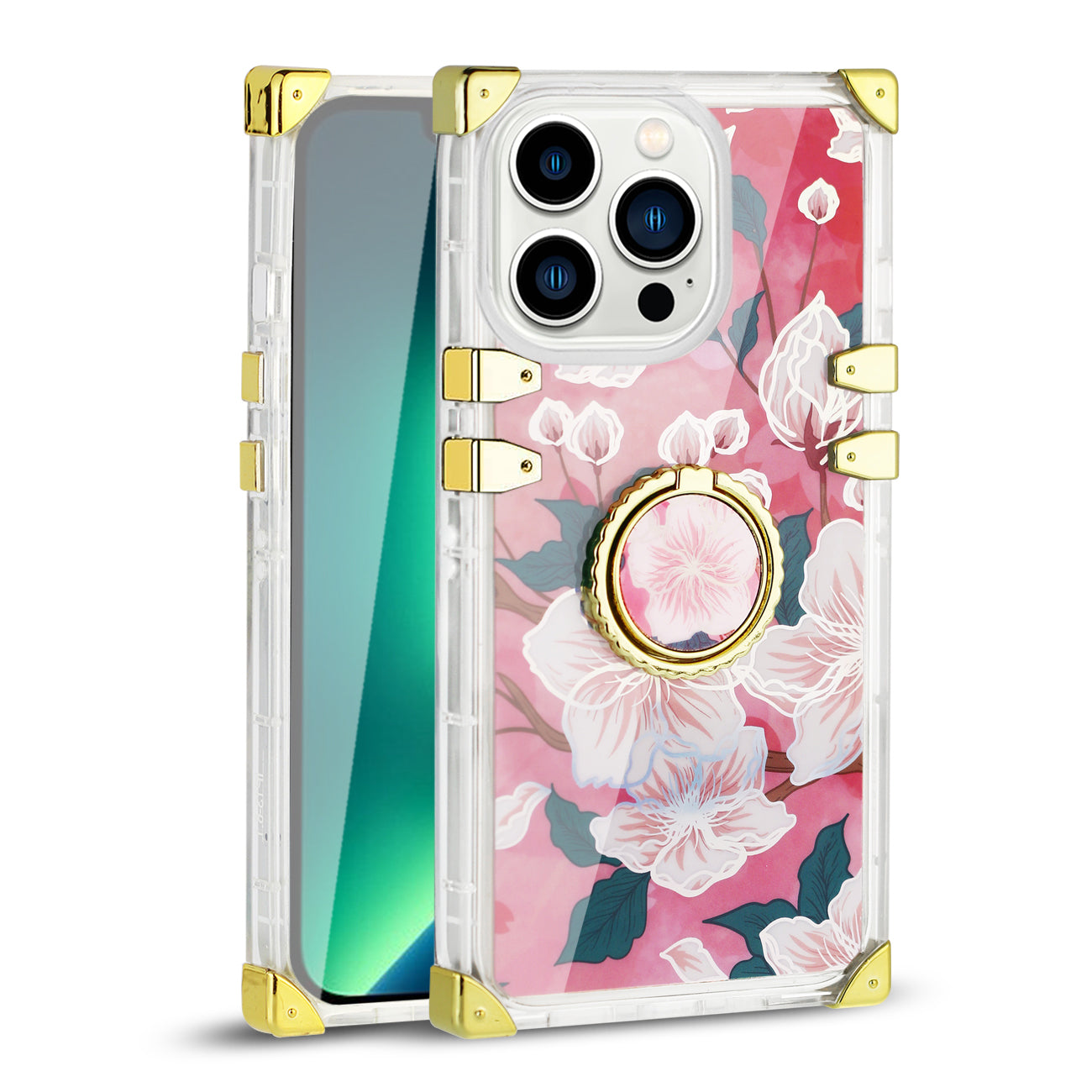 IPHONE 13 Max Floral Print Case with Ring Holder In Hot Pink