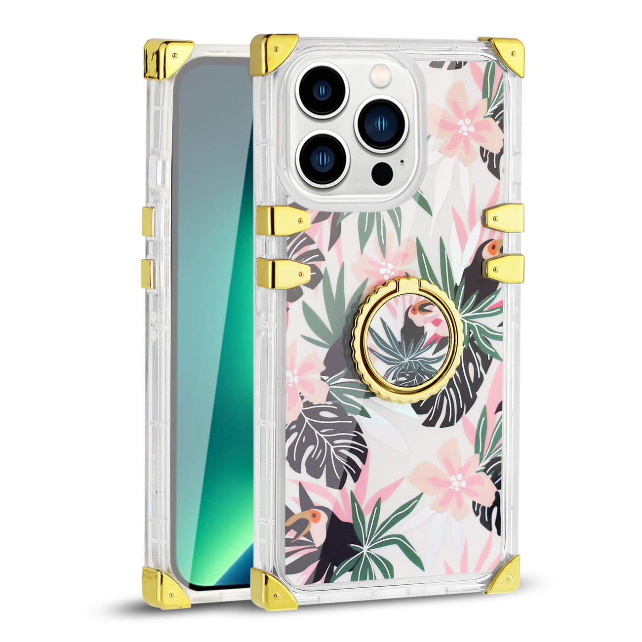 IPHONE 13 Max Floral Print Case with Ring Holder In Pink