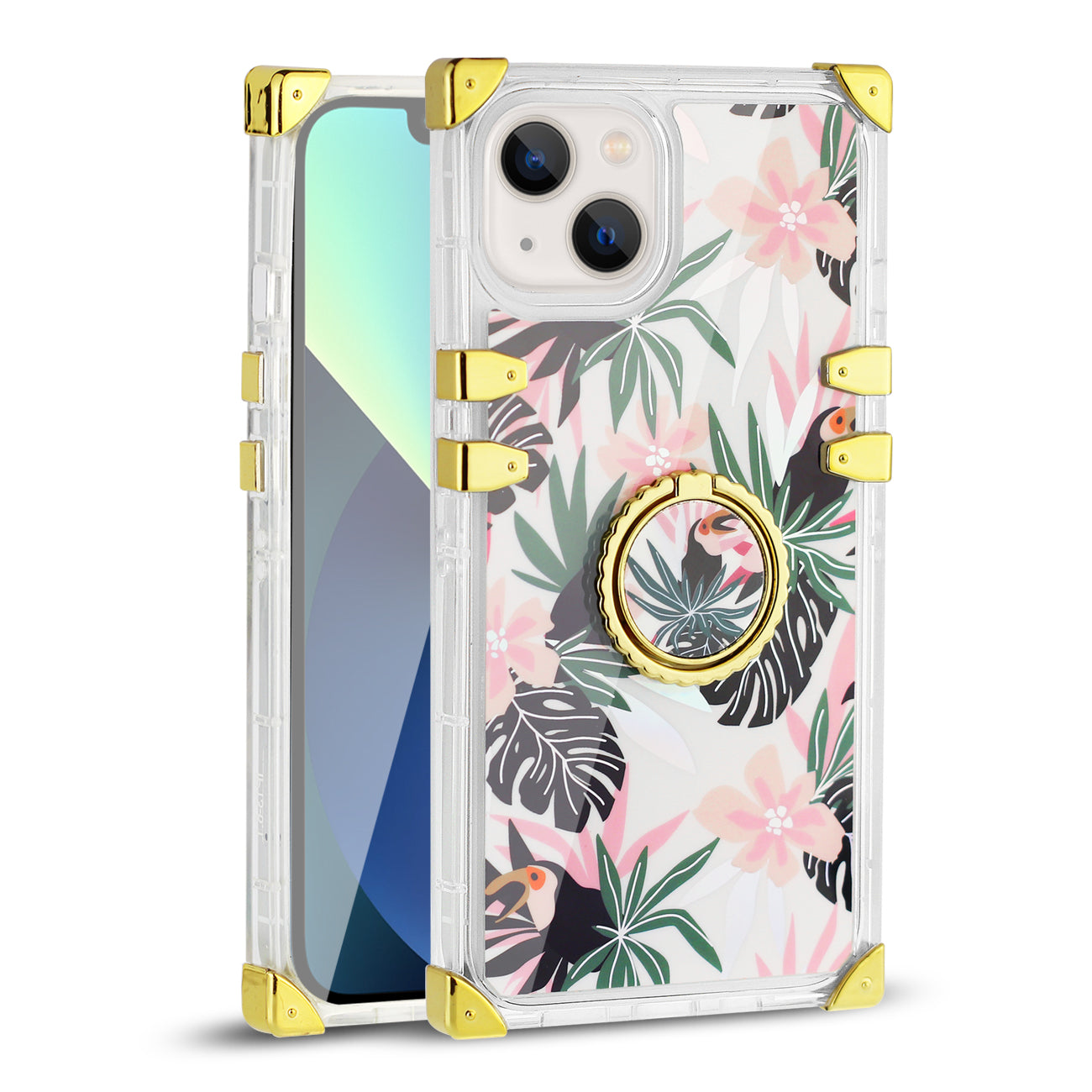 IPHONE 13 Floral Print Case with Ring Holder In Pink