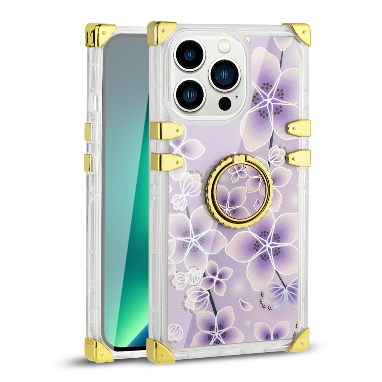 IPHONE 13 Pro Floral Print Case with Ring Holder In Purple