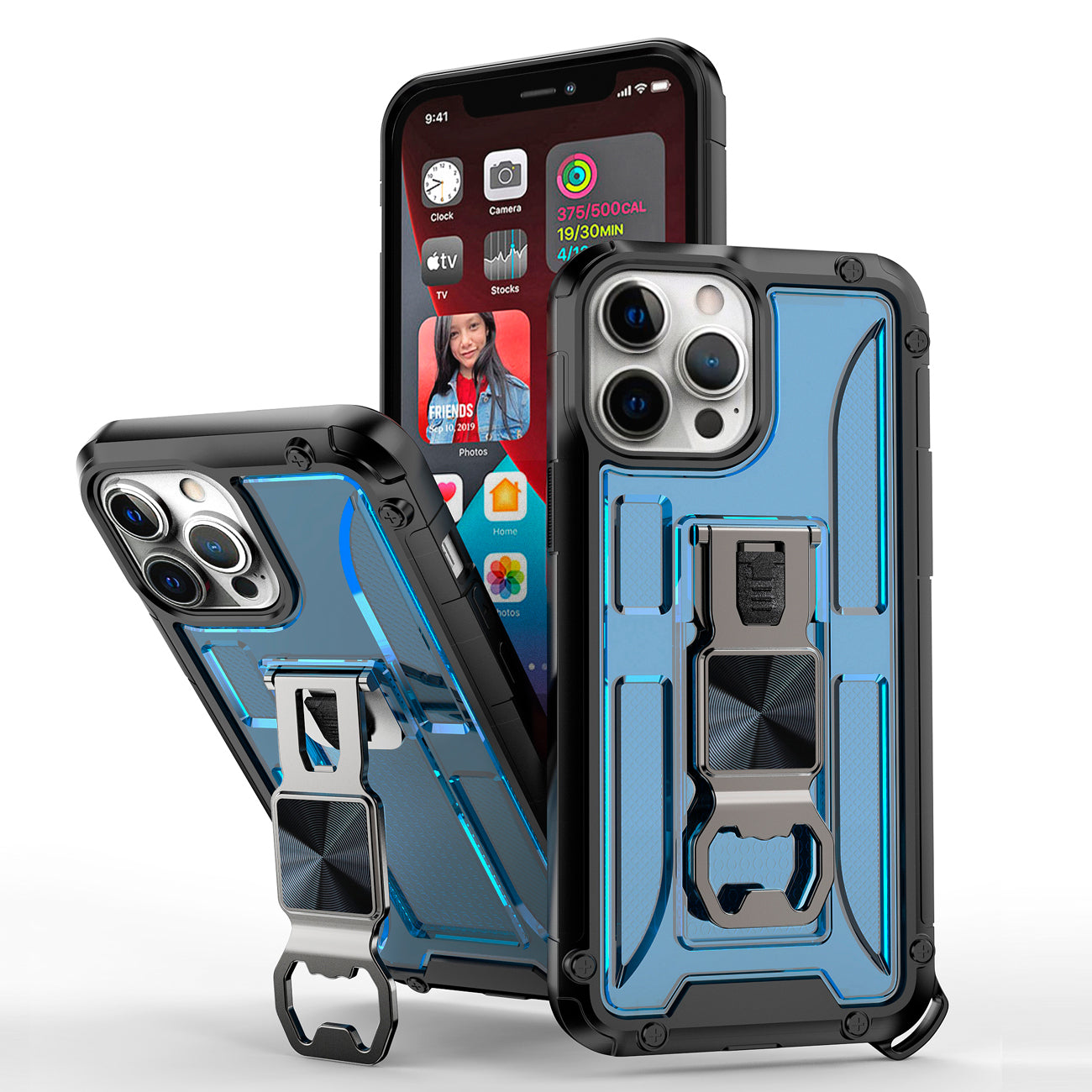 Kickstand Ring Holder/Bottle Opener with Magnetic Car Mount for APPLE IPHONE 13 PRO MAX In Blue