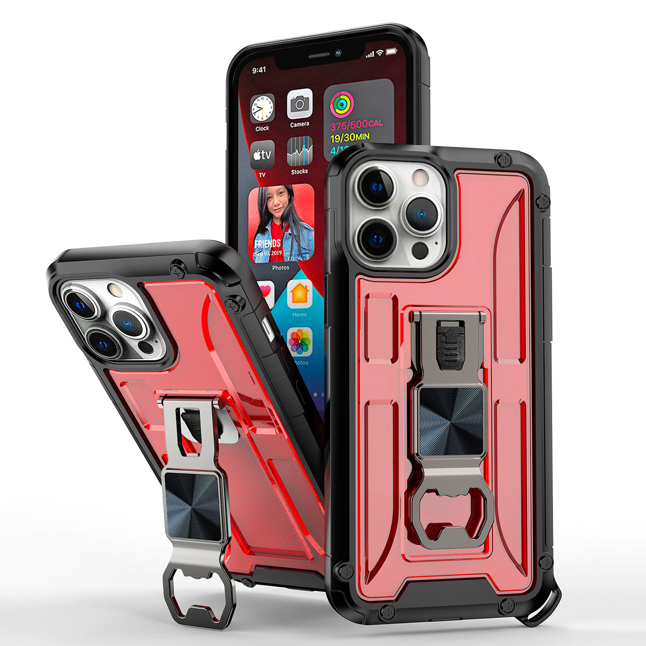 Kickstand Ring Holder/Bottle Opener with Magnetic Car Mount for APPLE IPHONE 13 PRO MAX In Red