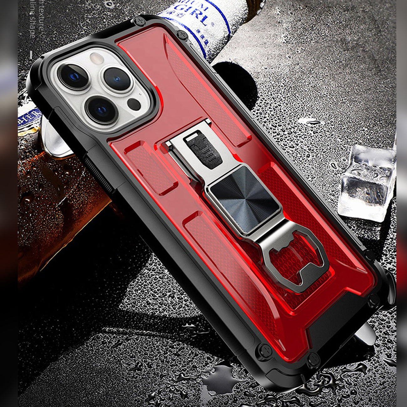 Kickstand Ring Holder/Bottle Opener with Magnetic Car Mount for APPLE IPHONE 13 Pro In Red