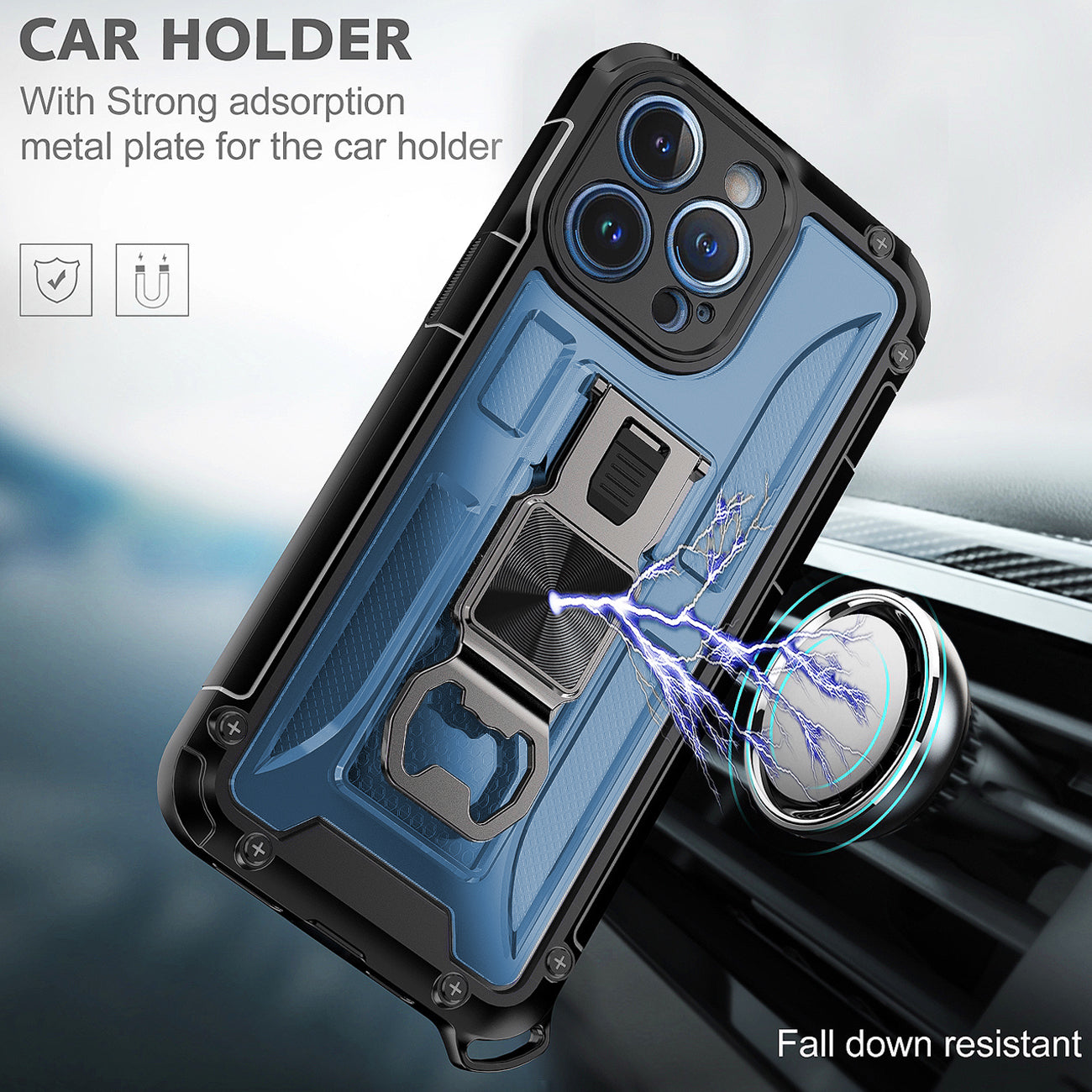 Kickstand Ring Holder/Bottle Opener with Magnetic Car Mount for IPHONE 14 PRO In Blue