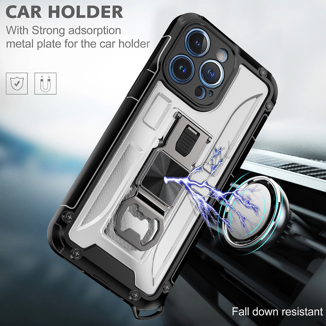 Kickstand Ring Holder/Bottle Opener with Magnetic Car Mount for IPHONE 14 PRO In Clear