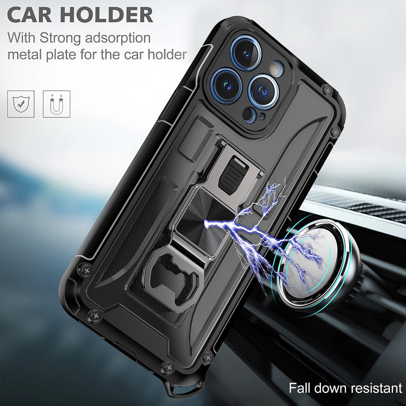 Kickstand Ring Holder/Bottle Opener with Magnetic Car Mount for IPHONE 14 PRO MAX In Black