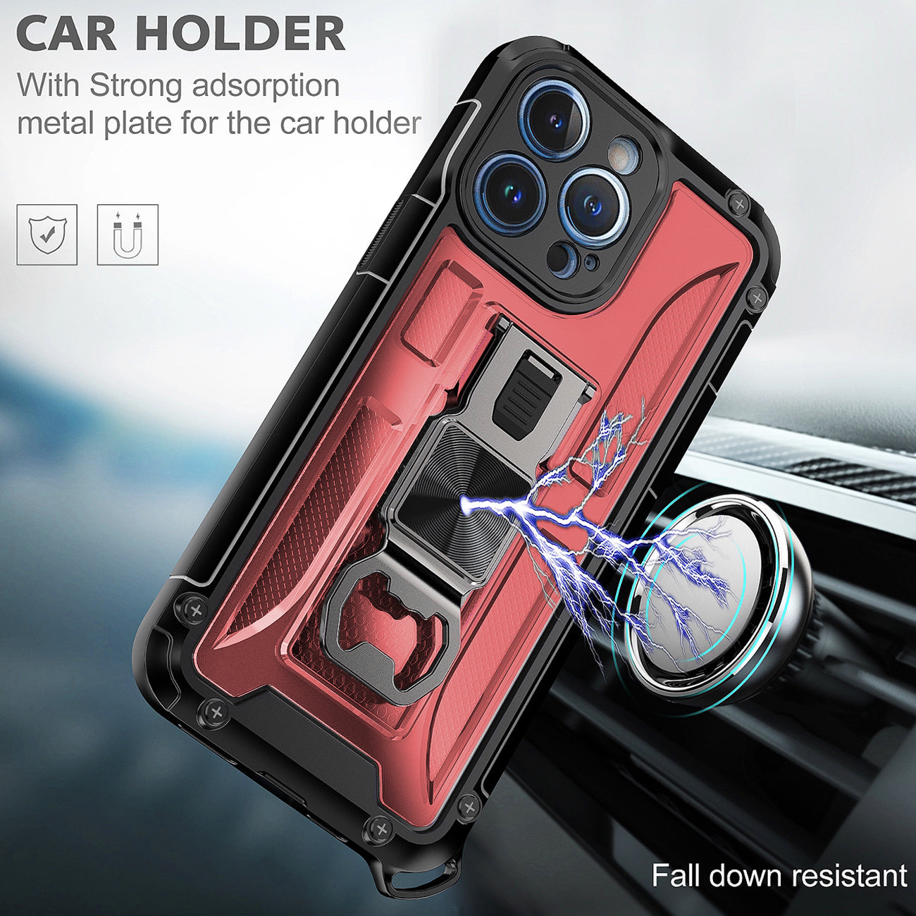 Kickstand Ring Holder/Bottle Opener with Magnetic Car Mount for IPHONE 14 PRO MAX In Red