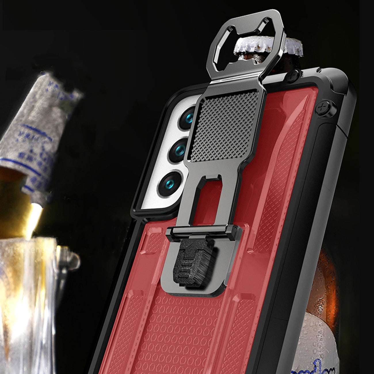 Kickstand Ring Holder/Bottle Opener with Magnetic Car Mount for Samsung Galaxy S22 In Red