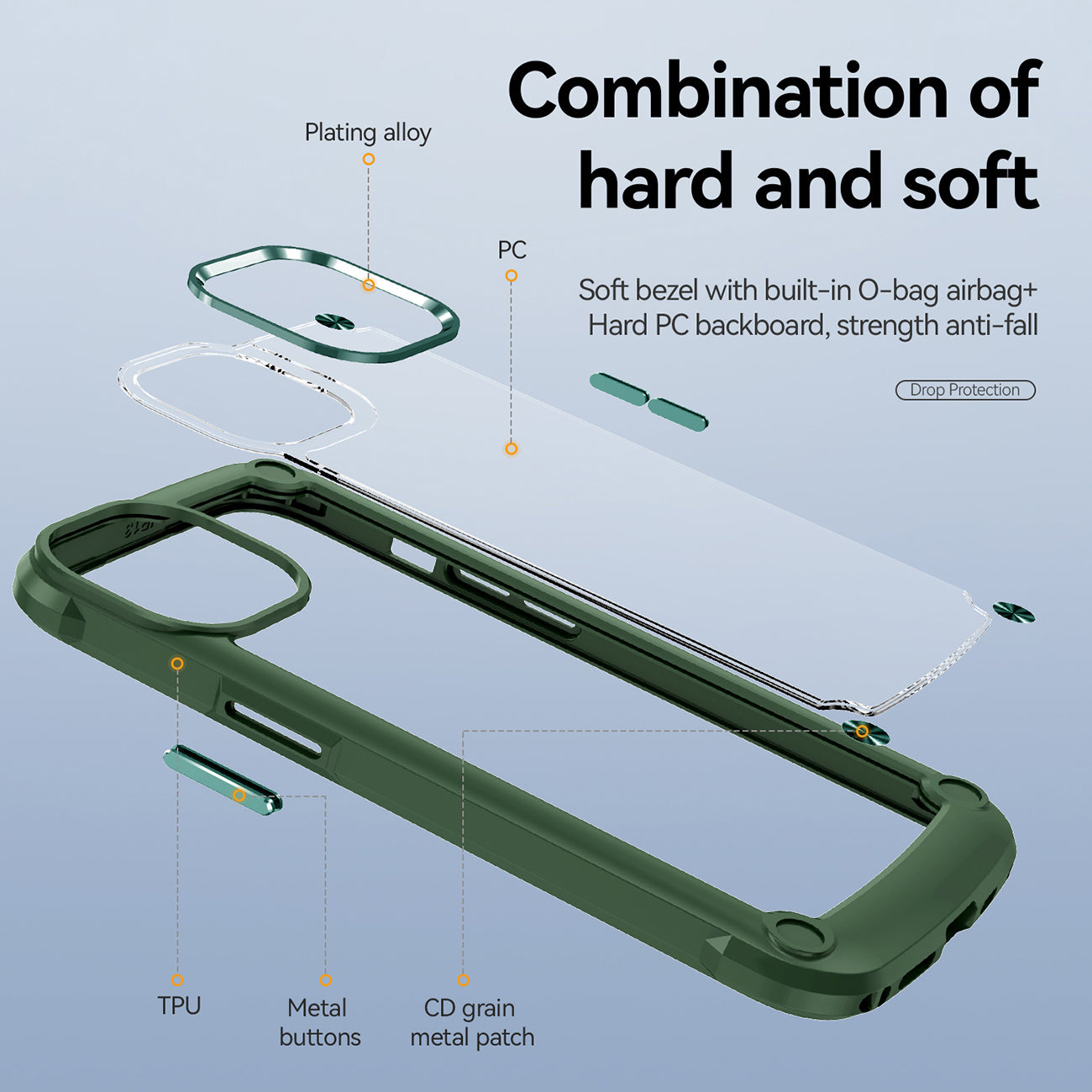 High Quality Clean PC,TPU and Metal Bumper Case For iPhone 13 In Green