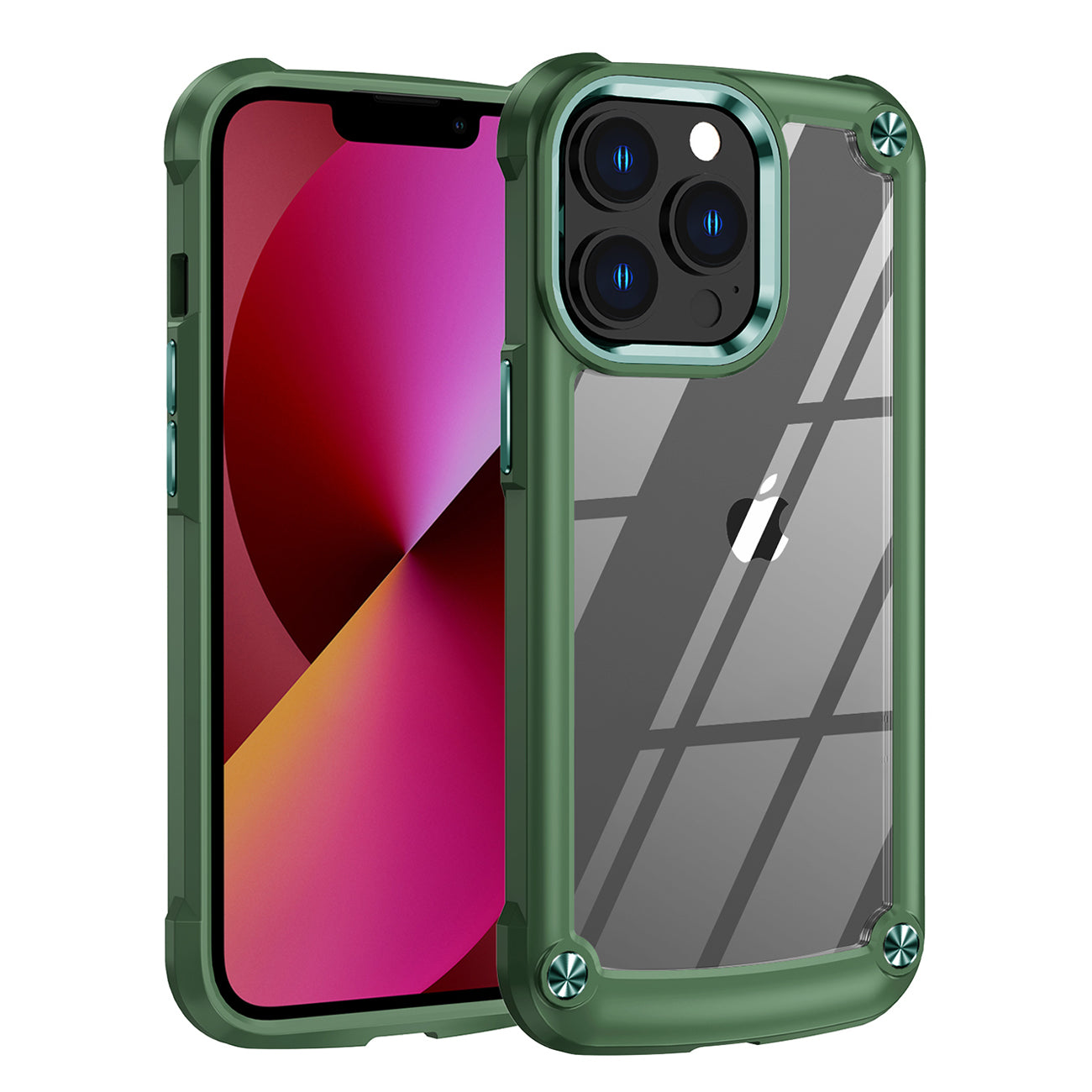 High Quality Clean PC,TPU and Metal Bumper Case For iPhone 13 PRO MAX In Green