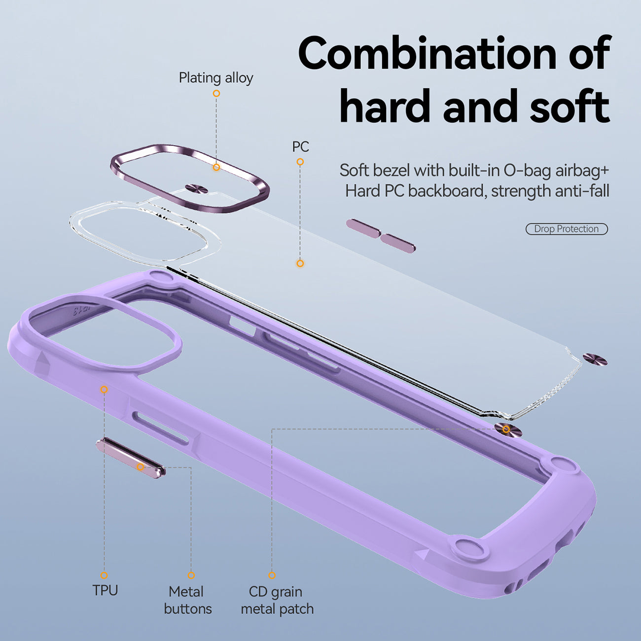 High Quality Clean PC,TPU and Metal Bumper Case For iPhone 13 In Purple
