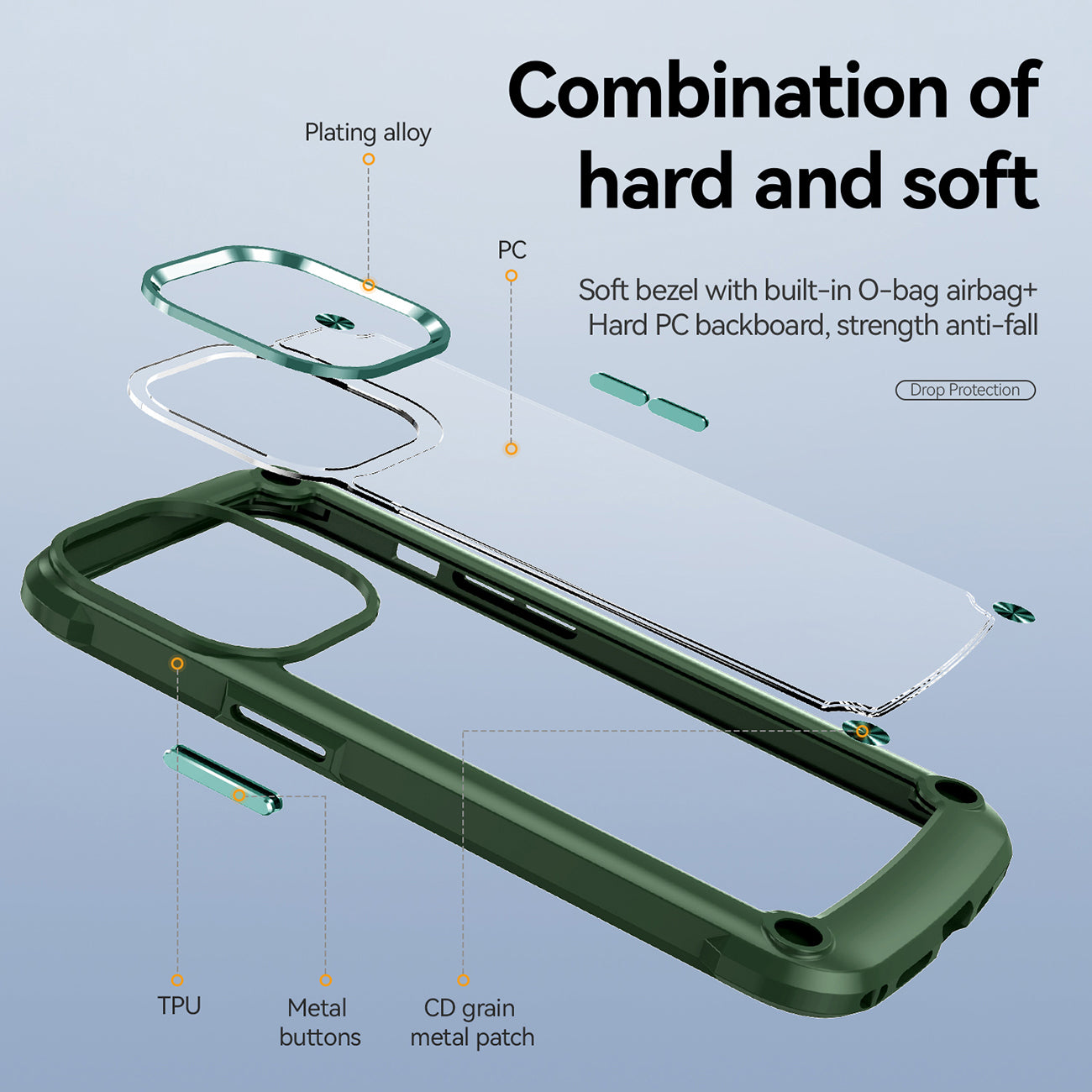 High Quality Clean PC,TPU and Metal Bumper Case For iPhone 13 PRO In Green