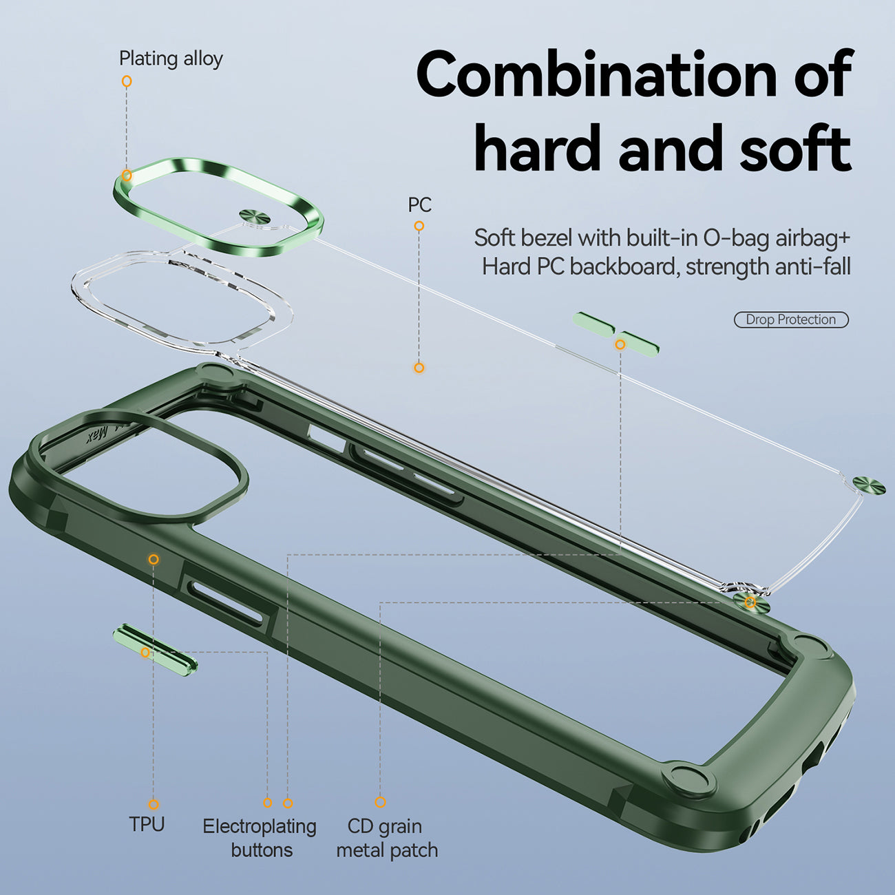 High Quality Clean PC,TPU and Metal Bumper Case For iPhone 14 Plus In Green