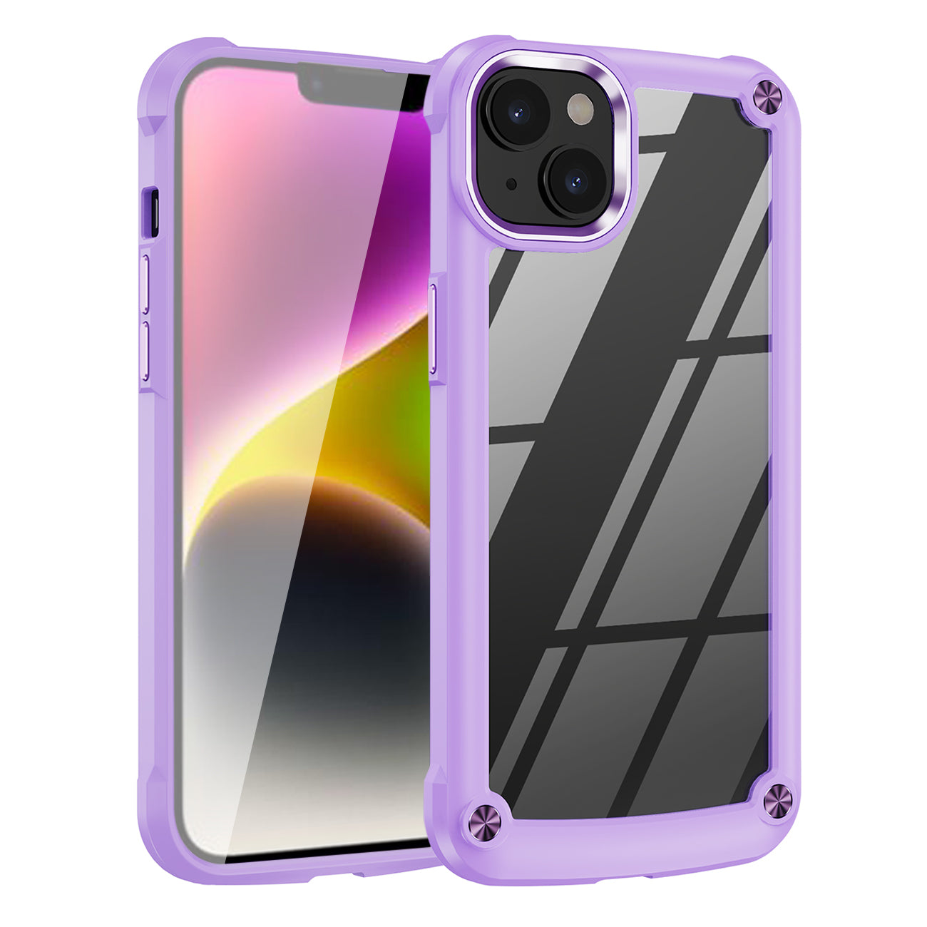 High Quality Clean PC,TPU and Metal Bumper Case For iPhone 14 Plus In Purple