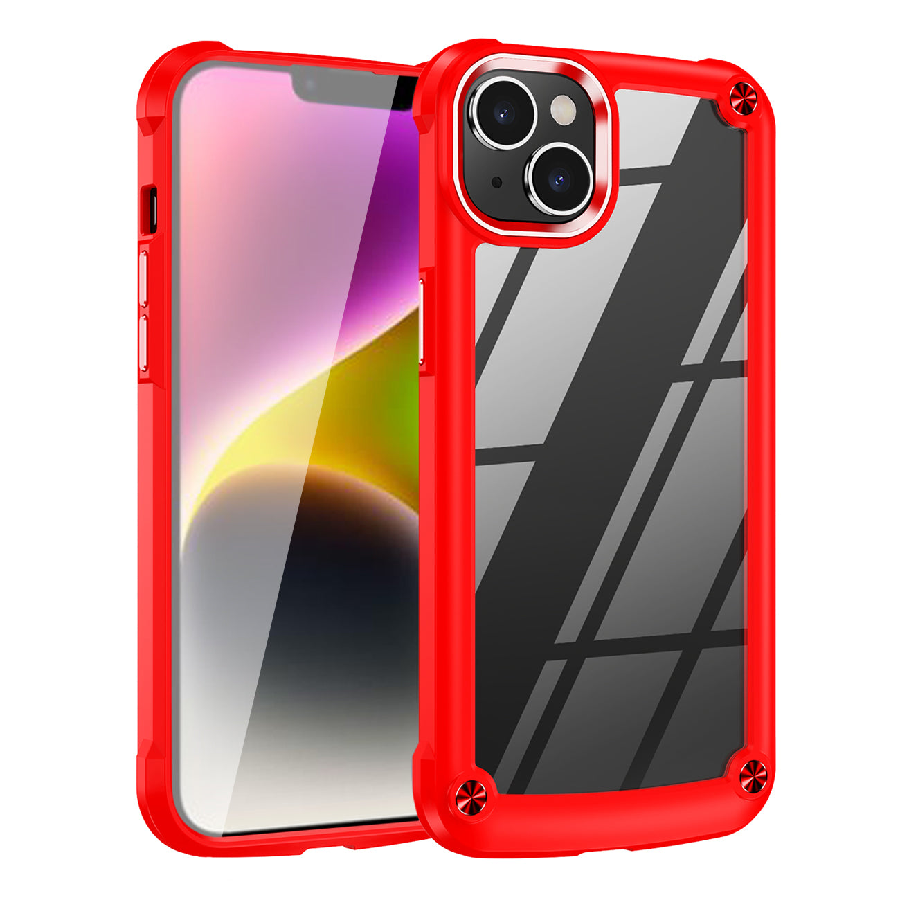 High Quality Clean PC,TPU and Metal Bumper Case For iPhone 14 Plus In Red
