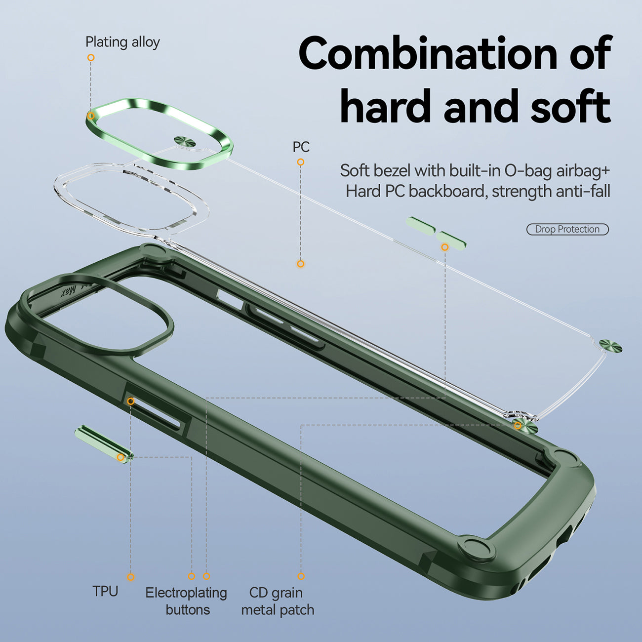 High Quality Clean PC,TPU and Metal Bumper Case For iPhone 14 PRO PRO In Green