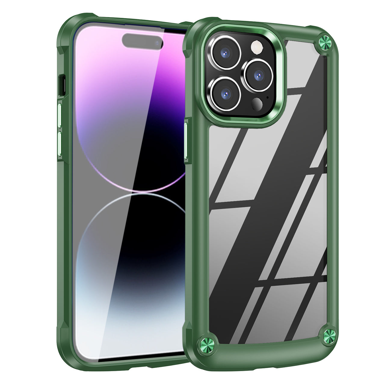 High Quality Clean PC,TPU and Metal Bumper Case For iPhone 14 PRO MAX In Green