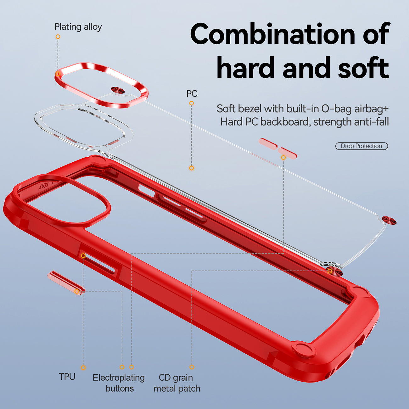 High Quality Clean PC,TPU and Metal Bumper Case For iPhone 14 PRO MAX In Red