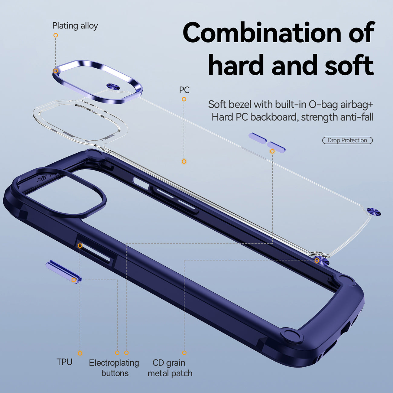 High Quality Clean PC,TPU and Metal Bumper Case For iPhone 14 PRO In Navy