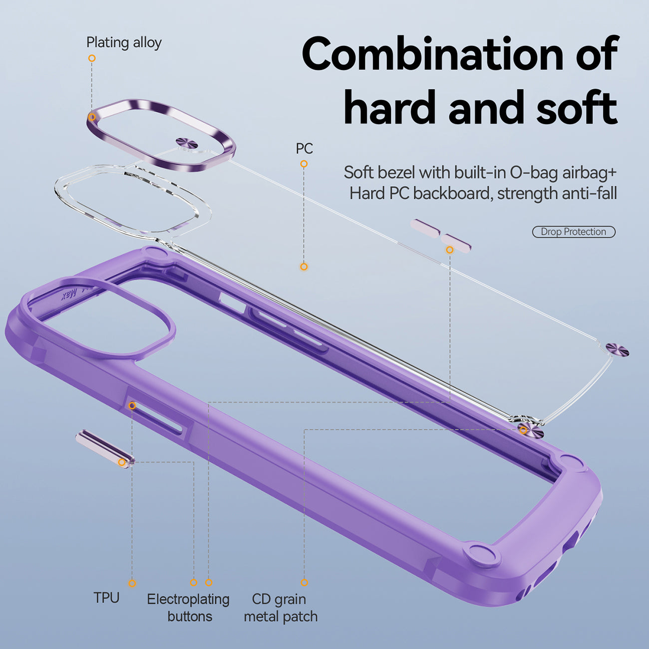 High Quality Clean PC,TPU and Metal Bumper Case For iPhone 14 PRO In Purple