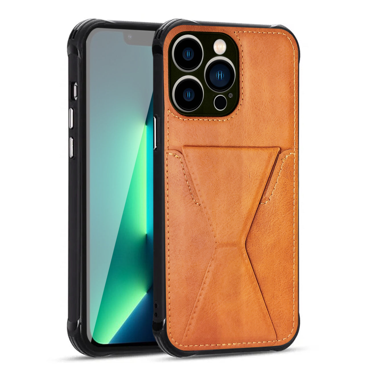 TPU Leather Phone Case for Apple iPhone 13 PRO MAX with Card Holder Strap In Brown