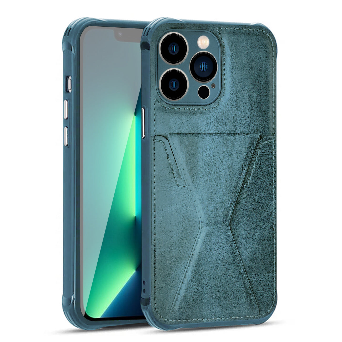 TPU Leather Phone Case for Apple iPhone 13 PRO MAX with Card Holder Strap In Navy