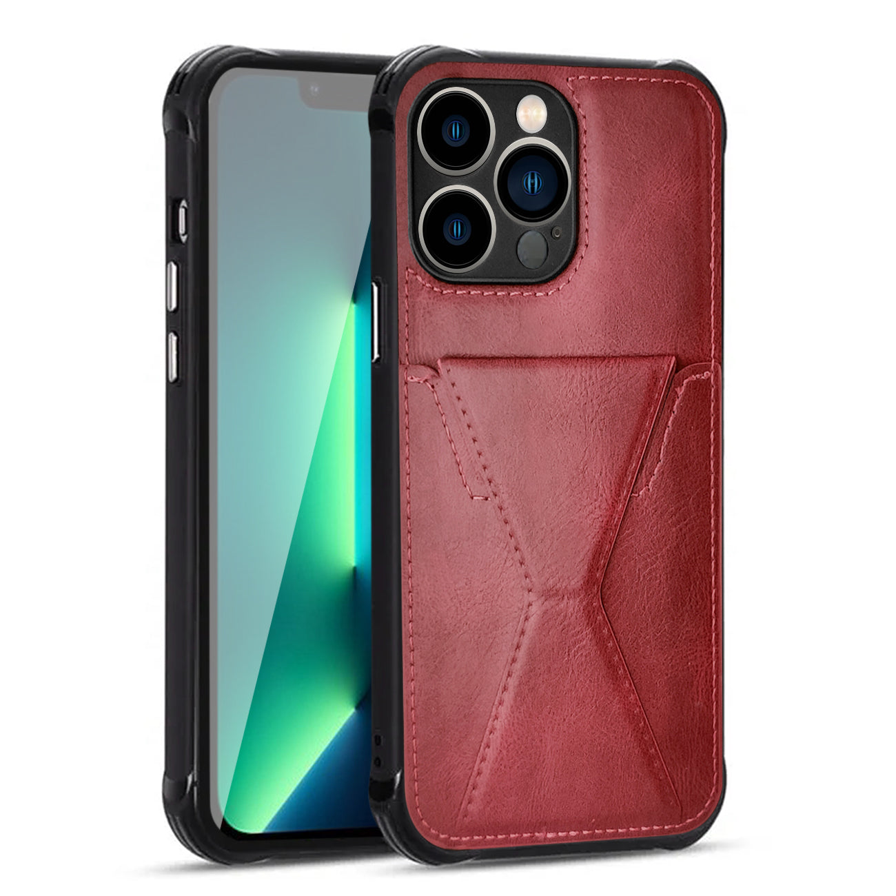 TPU Leather Phone Case for Apple iPhone 13 PRO MAX with Card Holder Strap In Red