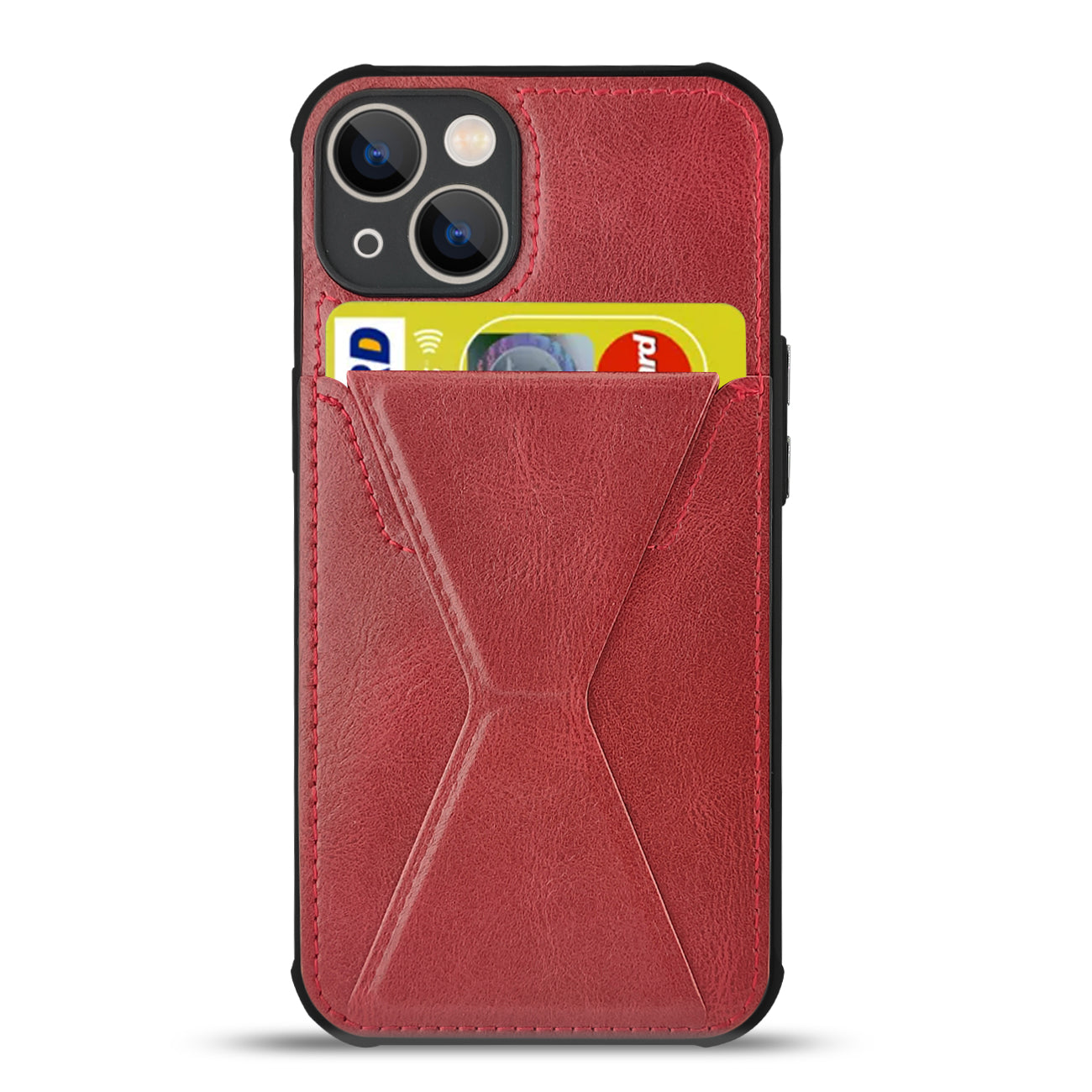 TPU Leather Phone Case for Apple iPhone 13 with Card Holder Strap In Red