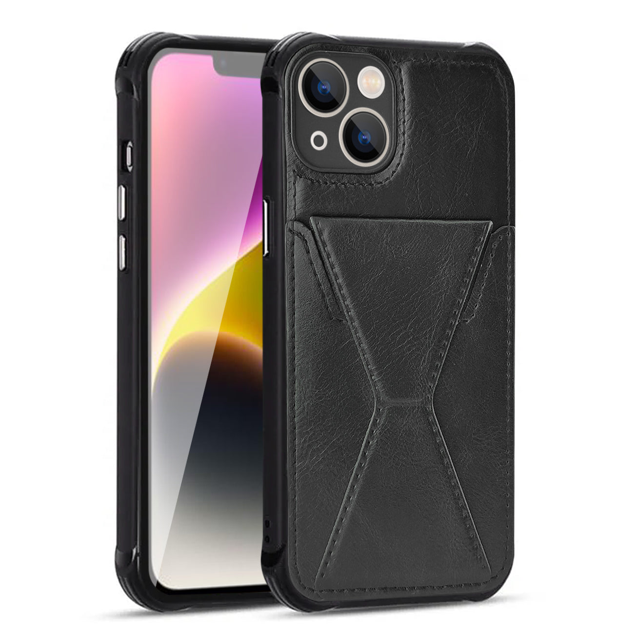 TPU Leather Phone Case for Apple iPhone 14 with Card Holder Strap In Black