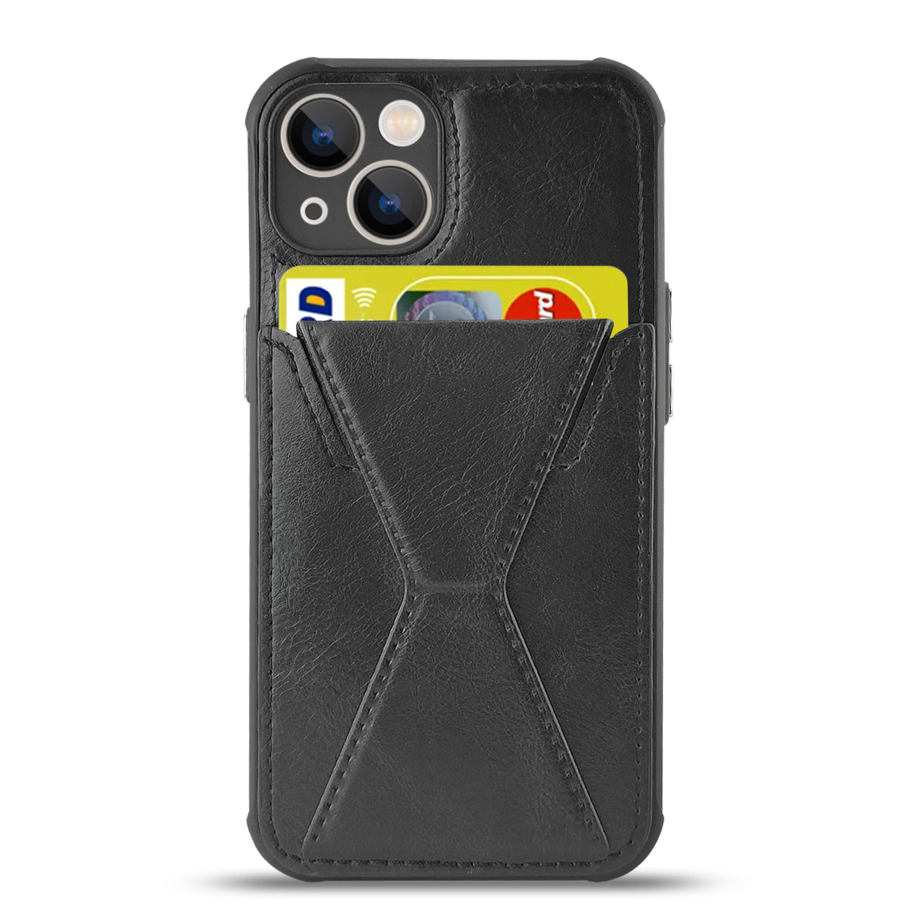 TPU Leather Phone Case for Apple iPhone 14 with Card Holder Strap In Black