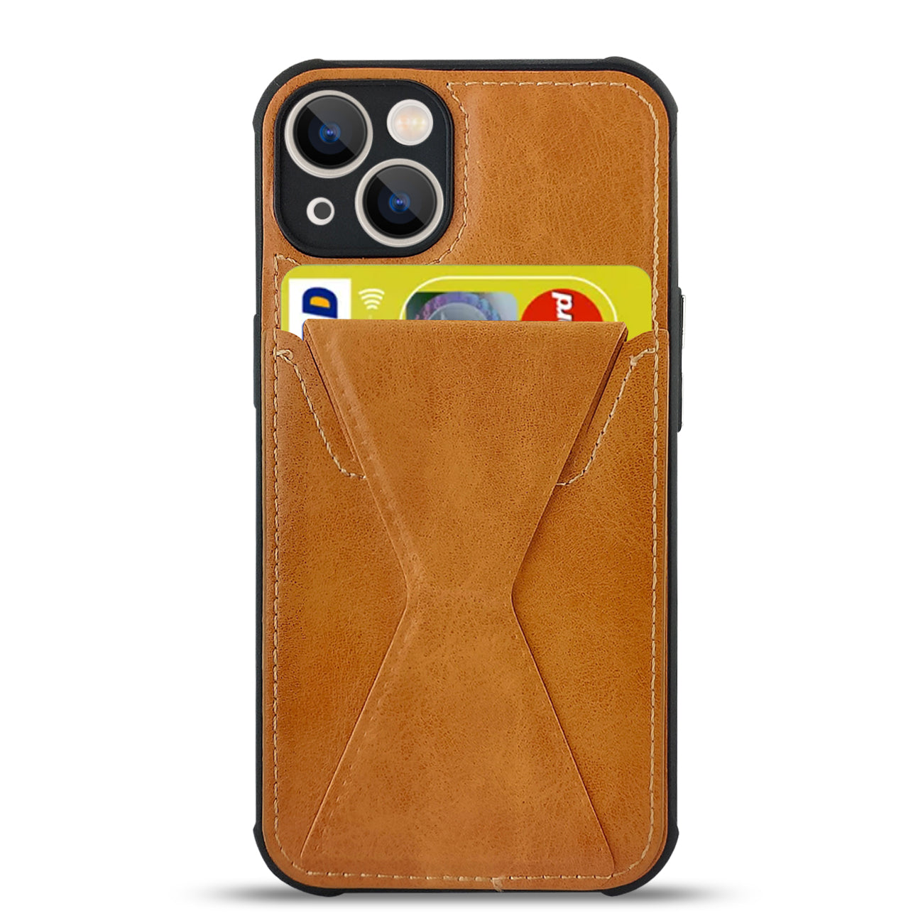 TPU Leather Phone Case for Apple iPhone 14 with Card Holder Strap In Brown