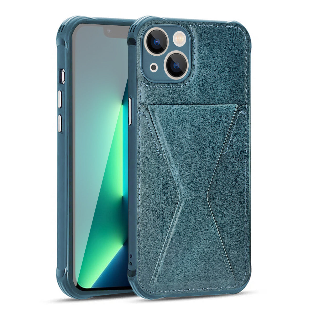 TPU Leather Phone Case for Apple iPhone 14 with Card Holder Strap In Navy