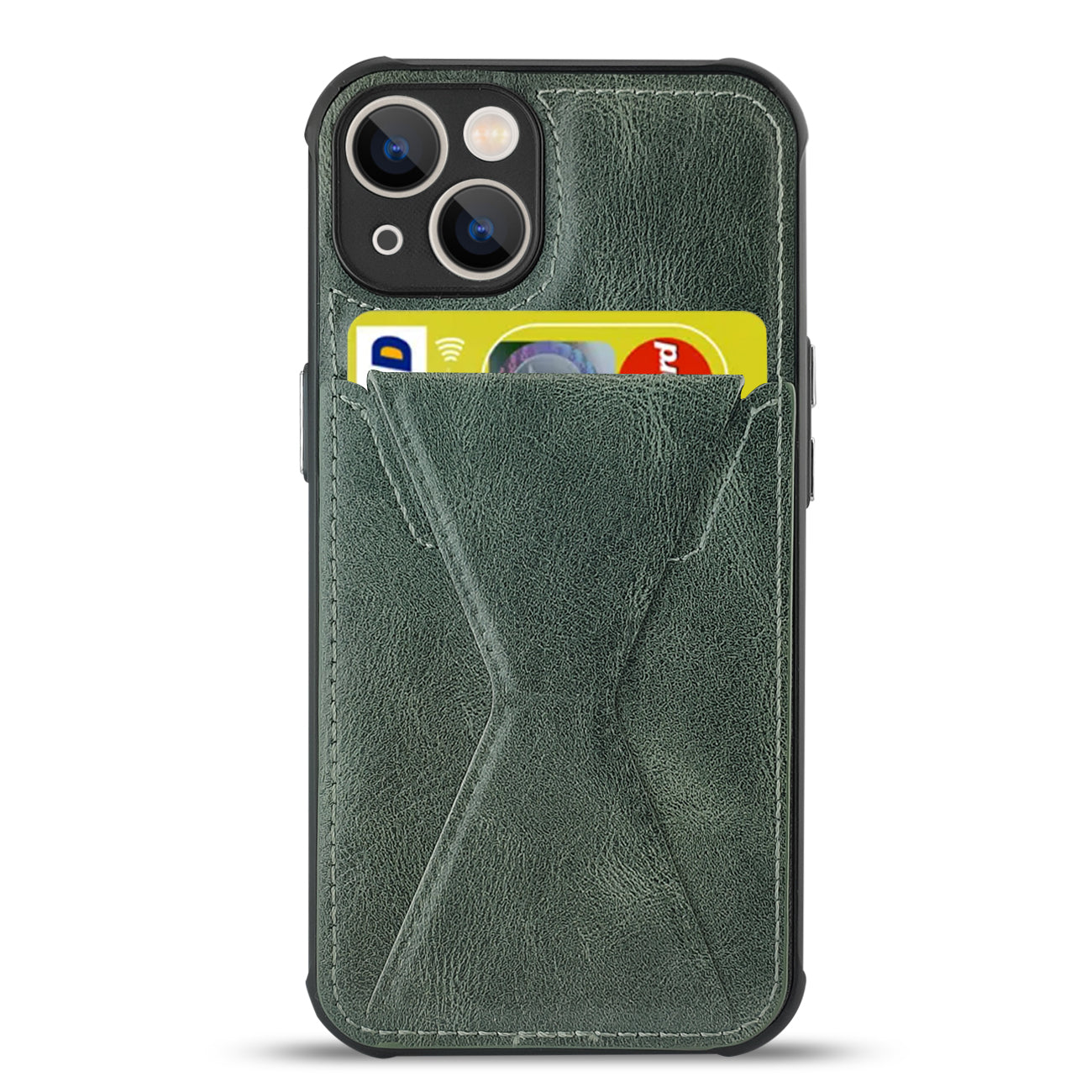 TPU Leather Phone Case for Apple iPhone 14 Plus with Card Holder Strap In Green