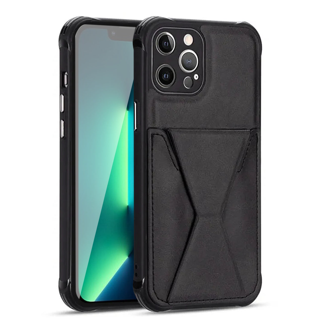 TPU Leather Phone Case for Apple iPhone 14 PRO MAX with Card Holder Strap In Black