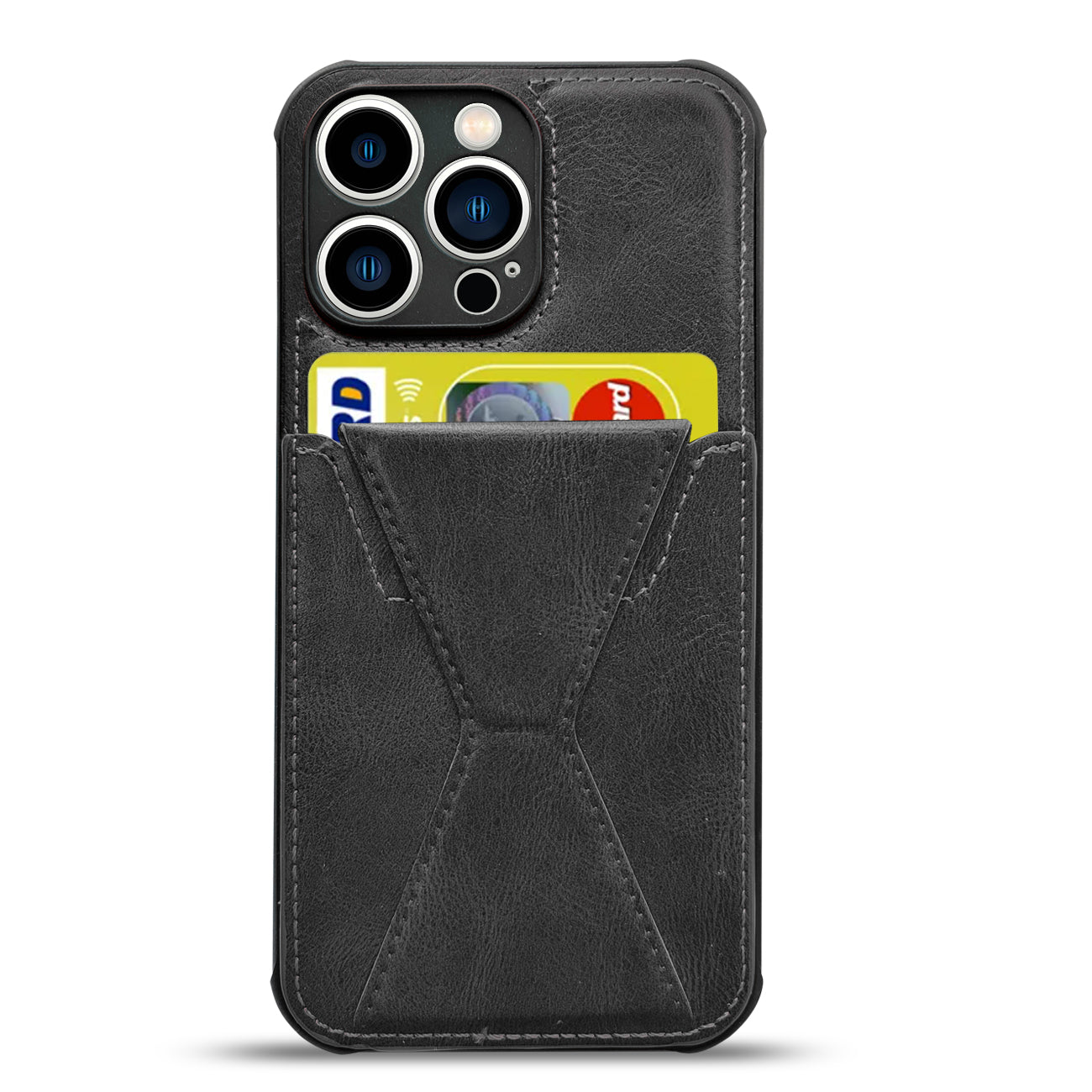 TPU Leather Phone Case for Apple iPhone 14 PRO MAX with Card Holder Strap In Black