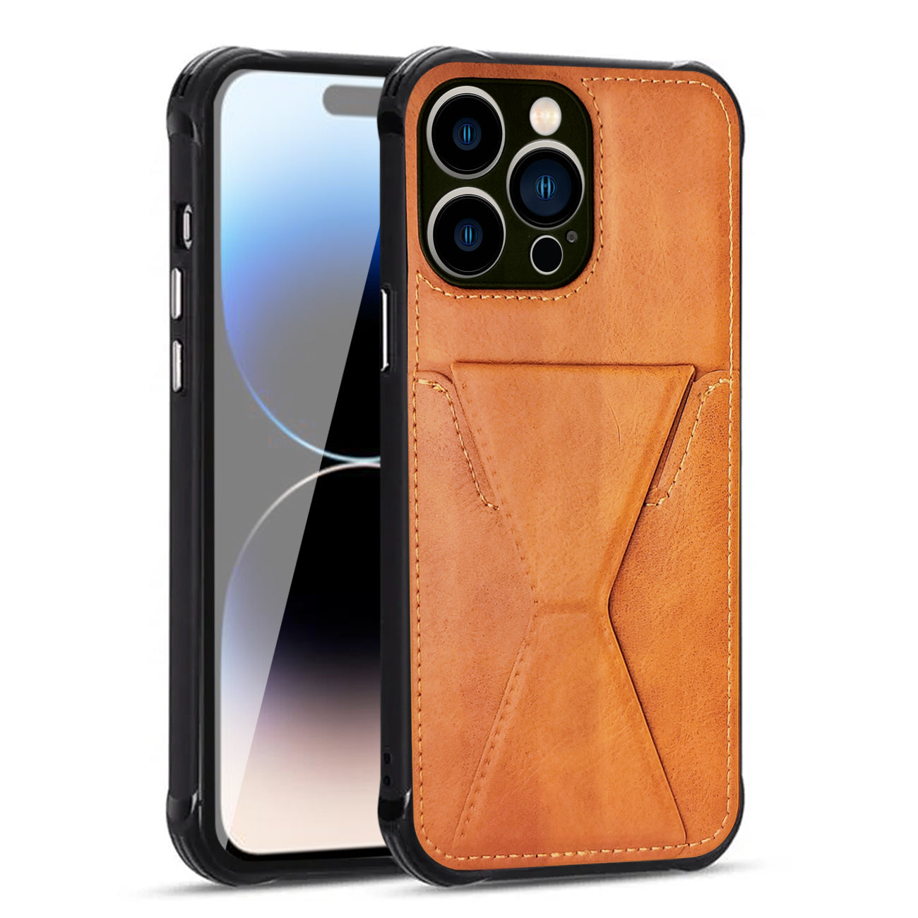 TPU Leather Phone Case for Apple iPhone 14 PRO MAX with Card Holder Strap In Brown