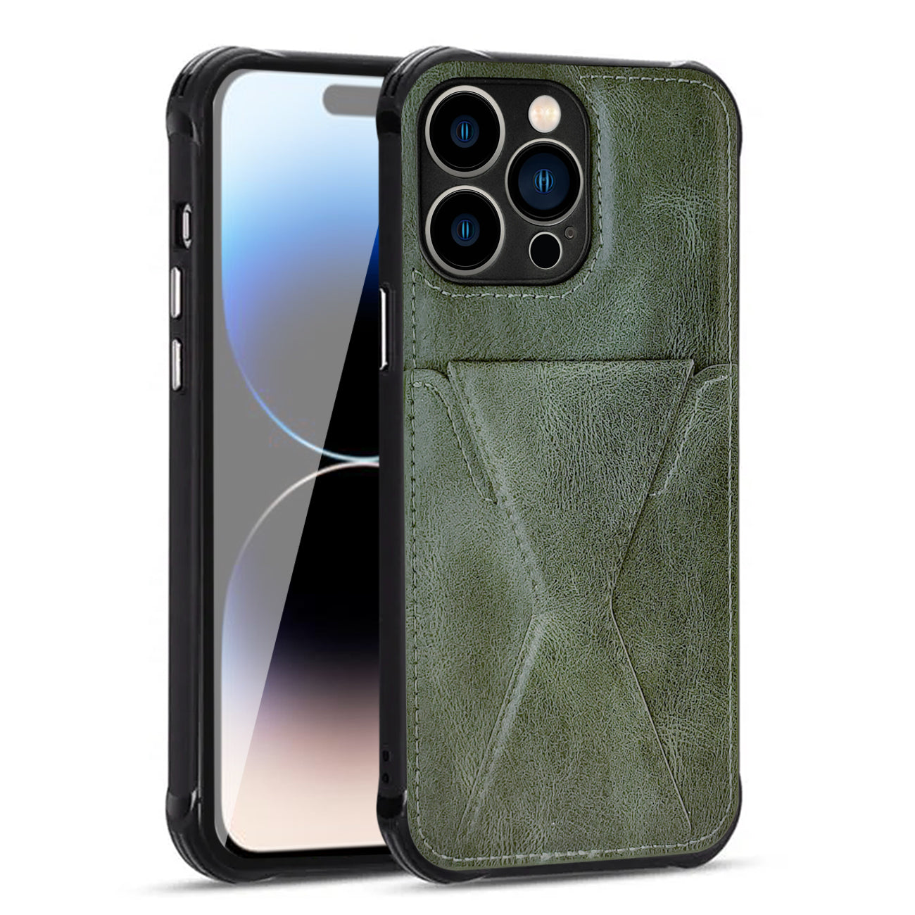 TPU Leather Phone Case for Apple iPhone 14 PRO MAX with Card Holder Strap In Green