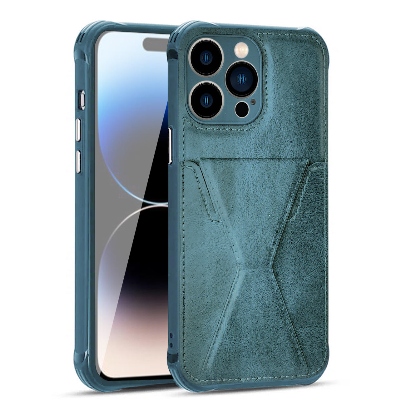 TPU Leather Phone Case for Apple iPhone 14 PRO MAX with Card Holder Strap In Navy
