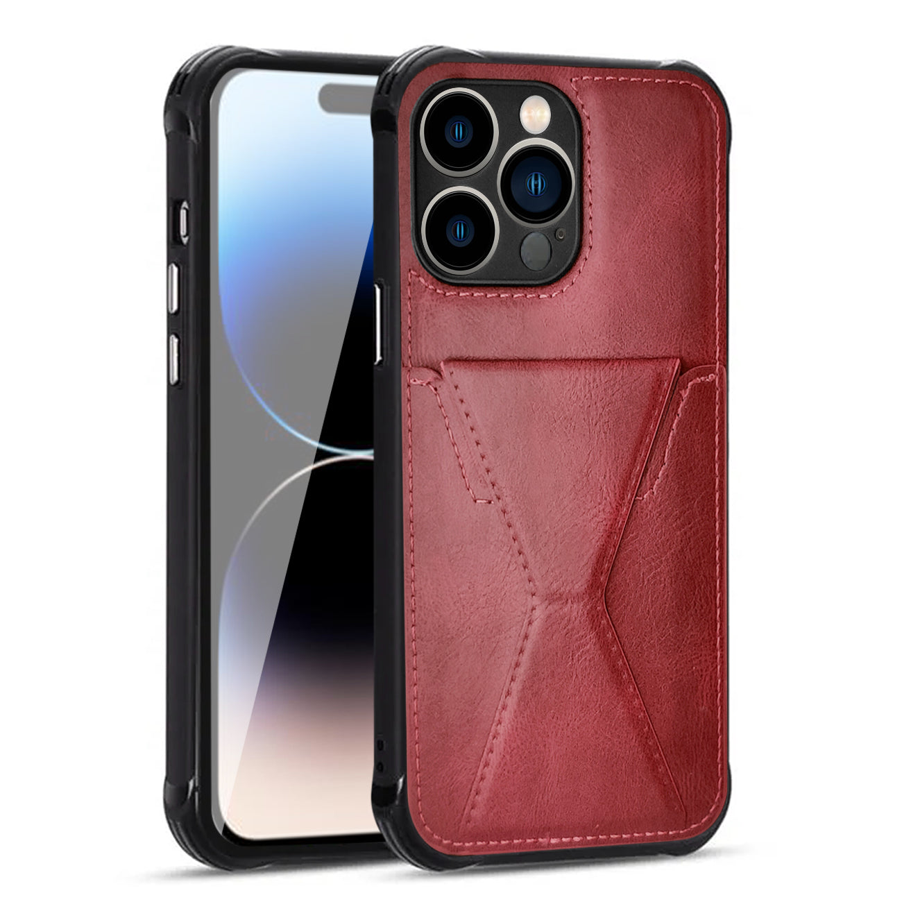 TPU Leather Phone Case for Apple iPhone 14 PRO MAX with Card Holder Strap In Red