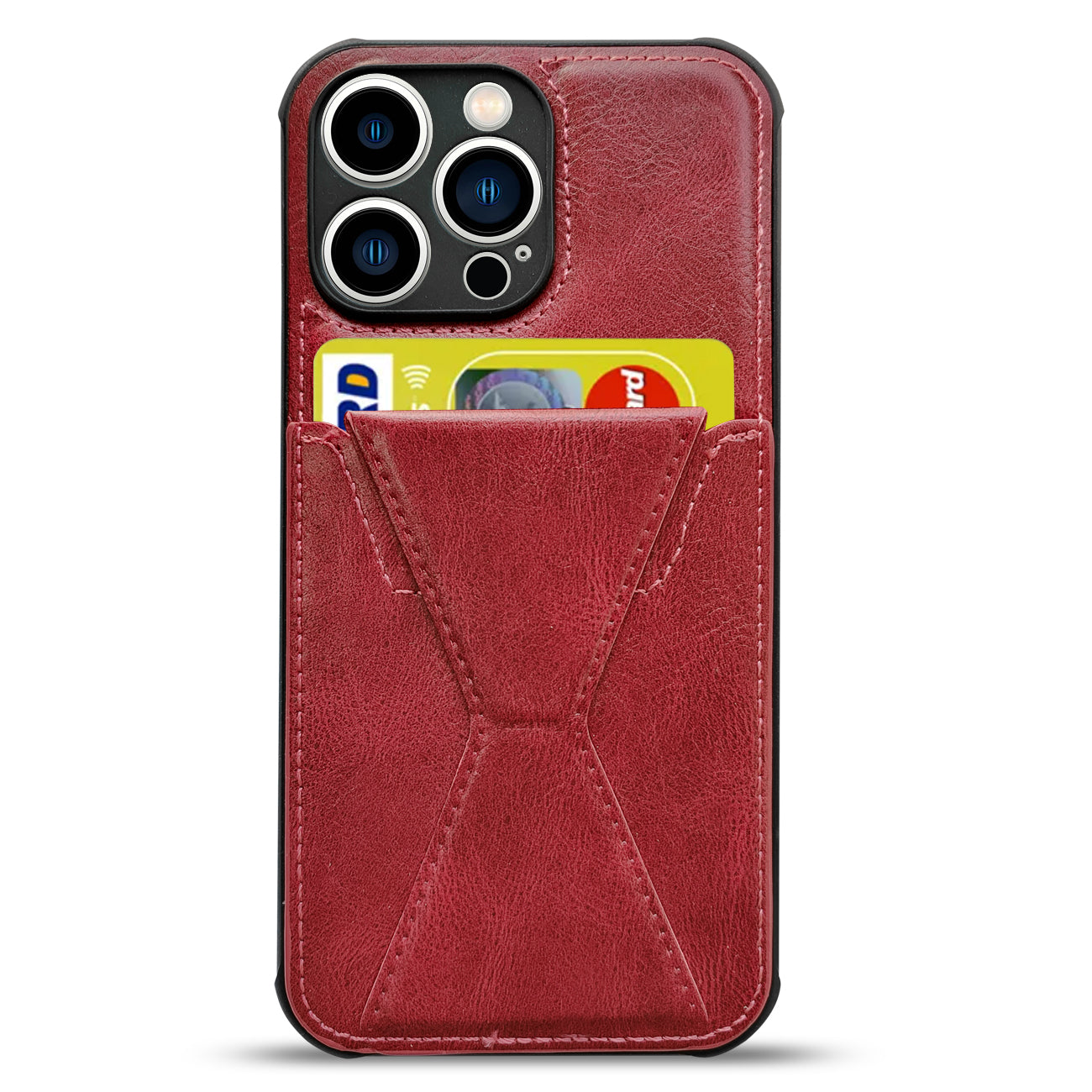 TPU Leather Phone Case for Apple iPhone 14 PRO with Card Holder Strap In Red