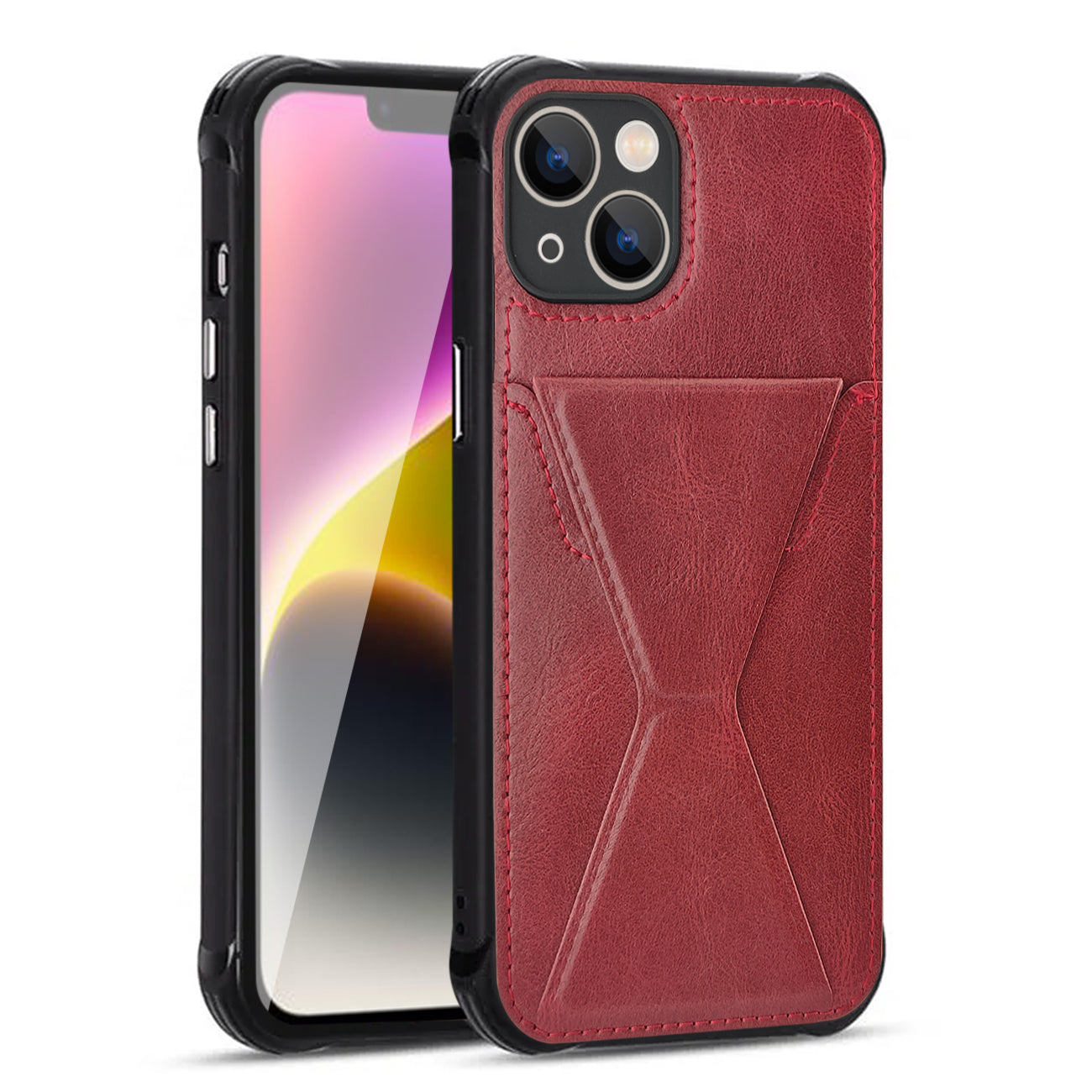 TPU Leather Phone Case for Apple iPhone 14 with Card Holder Strap In Red